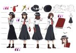  1girl bangs black_hat black_skirt book boots bow brown_boots brown_eyes brown_hair character_sheet closed_eyes closed_mouth collared_shirt directional_arrow eyebrows eyebrows_visible_through_hair frilled_skirt frills from_behind from_side full_body hair_between_eyes hair_bow hat hat_bow holding holding_book interlocked_fingers long_sleeves looking_at_viewer multiple_views necktie neko_(yanshoujie) open_mouth own_hands_together profile red_necktie shirt sidelocks simple_background skirt smile standing the_sealed_esoteric_history touhou translation_request turnaround usami_renko white_background white_bow white_shirt 