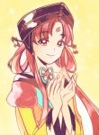  1girl bishoujo_senshi_sailor_moon closed_mouth facial_mark forehead_mark hair_ornament hair_rings hair_stick hat looking_at_viewer multiple_sleeves princess_kakyuu red_eyes redhead sidelocks smile solo tonokichi wide_sleeves 