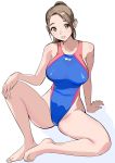  1girl barefoot blue_swimsuit breasts brown_eyes brown_hair competition_swimsuit dtym hand_on_own_knee highleg highleg_swimsuit highres large_breasts lips long_hair looking_at_viewer one-piece_swimsuit original parted_lips ponytail sitting swimsuit 