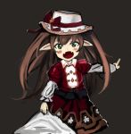  1girl :d bangs black_background black_bow blush bow brown_hair collared_dress dress drusilla fangs granblue_fantasy green_eyes hair_between_eyes harbin hat hat_bow index_finger_raised long_hair long_sleeves looking_at_viewer mash_donburi open_mouth pointing pointy_ears puffy_long_sleeves puffy_sleeves red_bow red_dress shirt_tug simple_background smile solo_focus twintails white_hat 