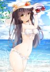  1girl arm_up bikini black_hair blue_sky brown_eyes closed_mouth commentary_request day frilled_bikini frills hair_between_eyes hair_ornament hairclip haruna_(kantai_collection) highres kantai_collection leaning_forward long_hair looking_at_viewer navel niruanu_(nitayam) ocean outdoors sky solo stomach sunglasses swimsuit white_bikini 