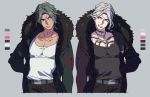  2boys belt clenched_teeth coat color_guide contrapposto cropped_torso dangan_ronpa dangan_ronpa_3 dual_persona fur_trim green_hair grey_background hair_intakes hand_on_hip jewelry kakio_romio male_focus multiple_boys necklace pink_eyes sakakura_juuzou short_hair silver_hair simple_background symmetrical_pose symmetry tattoo teeth 