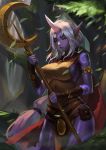  1girl absurdres armlet breasts cape closed_eyes earrings erect_nipples highres holding holding_staff hoop_earrings horn hou_akira jewelry large_breasts leaf league_of_legends long_hair outdoors pointy_ears ponytail pouch purple_skin red_cape sideboob solo soraka staff standing tattoo very_long_hair white_hair 