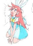  1girl animal_ears buck_teeth bunny_tail dress female flat_color flip_flappers full_body kneeling long_hair looking_up open_mouth orange_hair papika_(flip_flappers) rabbit_ears sketch solo tail white_background 