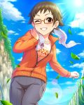  1girl alternate_costume artist_request bird brown_eyes brown_hair glasses grass grin idolmaster idolmaster_cinderella_girls kitagawa_mahiro leaf official_art one_eye_closed orange-framed_eyewear short_hair smile towel track_suit 