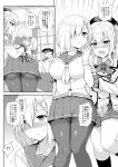  1boy 2girls admiral_(kantai_collection) beret between_breasts blush breasts commentary_request embarrassed epaulettes gloves greyscale hair_between_eyes hair_ornament hair_over_one_eye hairclip hamakaze_(kantai_collection) hat kantai_collection kashima_(kantai_collection) kerchief large_breasts long_sleeves military military_hat military_uniform miniskirt monochrome multiple_girls neckerchief open_mouth pantyhose pleated_skirt sama_samasa school_uniform serafuku short_hair short_sleeves skirt sweatdrop thigh-highs thighband_pantyhose translation_request twintails uniform 