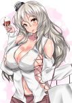  1girl blush breasts brown_skirt cleavage collarbone commentary_request cup drinking_glass grey_eyes hat highres kantai_collection large_breasts long_hair long_sleeves looking_at_viewer navel pola_(kantai_collection) revealing_clothes sankakusui_(deltawhite) shoulder_cutout sideboob sidelocks silver_hair skirt solo stomach tongue tongue_out upper_body wavy_hair wine_glass 
