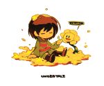  =_= androgynous arm_up brown_hair closed_eyes copyright_name english flower flowey_(undertale) frisk_(undertale) looking_at_another looking_down shirt short_hair simple_background sitting striped striped_shirt tetori undertale white_background 
