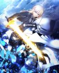  1girl ahoge artist_name excalibur fate/grand_order fate/zero fate_(series) formal gloves ground_vehicle magicians_(zhkahogigzkh) motor_vehicle motorcycle necktie pants saber solo suit suit_jacket 