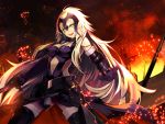  1girl :d armor bare_shoulders black_gloves black_legwear blonde_hair breasts cleavage elbow_gloves fate/grand_order fate_(series) fire flag gauntlets gloves helmet highres holding holding_sword holding_weapon jeanne_alter long_hair navel nirai_kanai open_mouth red_sky ruler_(fate/apocrypha) sky smile solo sword teeth thigh-highs very_long_hair weapon yellow_eyes 