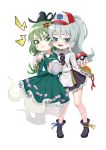  &gt;:/ 2girls :d alternate_headwear anger_vein baseball_cap black_shoes black_skirt blue_eyes blush cheek_press chibi dress fkey full_body ghost_tail green_dress green_hair hat japanese_clothes kariginu long_hair long_sleeves looking_at_viewer mononobe_no_futo multiple_girls ofuda open_mouth parody plate poke_ball pokemon pom_pom_(clothes) ponytail ribbon-trimmed_sleeves ribbon_trim shoes short_hair silver_hair skirt smile soga_no_tojiko tate_eboshi touhou wide_sleeves 