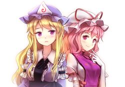  2girls blonde_hair blush collarbone cosplay costume_switch gloves hat long_hair minust multiple_girls open_mouth pink_eyes pink_hair saigyouji_yuyuko saigyouji_yuyuko_(cosplay) simple_background smile tabard touhou triangular_headpiece violet_eyes white_background yakumo_yukari yakumo_yukari_(cosplay) 