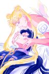  2girls bishoujo_senshi_sailor_moon black_hair blonde_hair couple gakuran hand_on_another&#039;s_face highres hoshiai_tora leaning_forward long_hair low_ponytail lying multiple_girls princess_serenity school_uniform seiya_kou touching tsukino_usagi twintails white_background yuri 