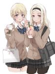  2girls aleksandra_i_pokryshkin alternate_costume bag black_legwear blonde_hair blue_eyes brand_name_imitation brave_witches cardigan coffee coffee_cup commentary cup drinking_straw hairband highres holding holding_cup kento1102 long_hair looking_at_viewer multiple_girls nail_polish nikka_edvardine_katajainen open_collar pantyhose pink_nails plaid plaid_skirt pleated_skirt school_uniform shopping_bag short_hair simple_background skirt starbucks strike_witches v white_background world_witches_series 