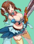  1girl aqua_background artist_request belt breasts brown_eyes brown_hair cleavage commentary_request granblue_fantasy heart holding holding_sword holding_weapon huge_weapon idolmaster idolmaster_cinderella_girls large_breasts leaning_back open_mouth simple_background solo sword tiara totoki_airi twintails weapon 