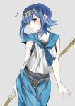  1girl blue_hair blue_shorts blush collarbone fishing_rod hairband highres holding neckerchief parted_lips pokemon pokemon_(game) pokemon_sm sameya short_hair shorts sleeveless solo suiren_(pokemon) violet_eyes white_background 