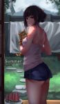  1girl absurdres animal artist_name ass black_hair camisole cat clothesline cowboy_shot ctrlz77 dated food fruit hair_bun highres holding_animal holding_cat looking_at_viewer looking_back mount_fuji original shorts solo standing watermelon 