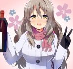  1girl 9law :d blush bottle brown_hair coat commentary_request drunk eyebrows eyebrows_visible_through_hair floral_background gloves jacket kantai_collection long_hair looking_at_viewer no_hat no_headwear nose_blush open open_mouth pink_background pola_(kantai_collection) scarf smile solo upper_body v wine_bottle yellow_eyes 