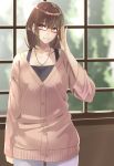  1girl :d adjusting_glasses bangs brown_hair cardigan casual daglasses glasses grin highres jewelry looking_at_viewer necklace open_mouth red-framed_eyewear short_hair smile solo violet_eyes window 