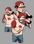  1boy baseball_cap blush brown_eyes brown_hair clothes_writing denim embarrassed flying_sweatdrops glasses_enthusiast grey_background hat highres jeans male_focus multiple_views muscle pants pokemon pokemon_(game) pokemon_sm raglan_sleeves red_(pokemon) red_(pokemon)_(sm) shirt simple_background solo t-shirt 