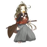  1girl artist_request brown_hair character_request full_body highres holding katana leaf long_hair nail_polish no_socks official_art parted_lips sandals simple_background solo squatting sword toenail_polish toes weapon white_background yellow_eyes youkai_hyakki-tan! 