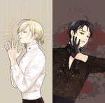  2boys black_gloves black_hair blonde_hair brown_eyes earrings flower gloves green_eyes hands_together jewelry katsuki_yuuri male_focus multiple_boys ponytail profile ring sparkle stud_earrings twoframe yuri!!!_on_ice yuri_plisetsky 