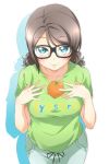  1girl alternate_hairstyle bespectacled blue_eyes blush brown_hair clothes_writing food fruit glasses green_shirt highres looking_at_viewer love_live! love_live!_sunshine!! mandarin_orange object_on_breast shirt smile solo surfing_orange t-shirt twintails watanabe_you 