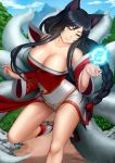  &gt;:) 1girl ahri animal_ears bangs bare_shoulders black_hair braid breasts cleavage closed_mouth collarbone cowboy_shot day detached_sleeves dress energy_ball fox_ears fox_tail korean_clothes kyuubi large_breasts league_of_legends leg_up long_hair long_sleeves low-tied_long_hair metalbolic multiple_tails outdoors short_dress sidelocks single_braid slit_pupils solo tail tree whisker_markings wide_sleeves yellow_eyes 