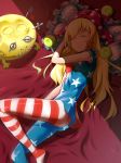  1girl absurdres american_flag_dress american_flag_legwear ass blonde_hair breasts closed_eyes clownpiece dress erect_nipples hat highres impossible_clothes jester_cap long_hair lying microdress nyogorajima on_bed on_side pantyhose short_sleeves skin_tight sleeping small_breasts solo touhou very_long_hair 