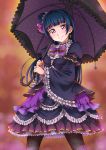  1girl arm_belt bangs blue_hair blush bow bowtie chocokin choker dress earrings frilled_choker frilled_dress frilled_shirt_collar frilled_sleeves frills gothic_lolita hair_bow hair_bun highres holding holding_umbrella jewelry layered_dress lolita_fashion long_hair looking_at_viewer love_live! love_live!_sunshine!! pantyhose parasol side_bun smile solo spider_web_print tsushima_yoshiko umbrella violet_eyes wide_sleeves 