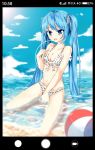  1girl absurdres ball beach beachball bikini blue_eyes blue_hair blurry breasts cleavage clouds day depth_of_field fang hair_ribbon hatsune_miku highres long_hair menghuan_tian navel ocean open_mouth ribbon sitting sky solo swimsuit twintails very_long_hair vocaloid water 