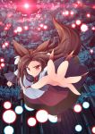  1girl animal_ears bamboo bamboo_forest brooch brown_hair bullet dress fang fingernails forest imaizumi_kagerou jewelry long_fingernails long_sleeves nail_polish nature red_eyes red_nails solo tail torii_(kedamatori) touhou wide_sleeves wolf_ears wolf_tail 