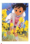  1girl bent_over black_eyes black_hair ferris_wheel field flower flower_field hair_ornament hairclip hands_on_own_knees highres original rapeseed_blossoms short_hair short_twintails smile solo takamichi twintails 