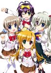  4girls :d ;d absurdres antenna_hair arm_up black_skirt blonde_hair blue_eyes blue_ribbon bow bowtie brown_skirt closed_mouth corona_timir einhart_stratos eyebrows eyebrows_visible_through_hair fang fujima_takuya green_eyes hair_between_eyes hair_bow hair_ribbon highres light_brown_hair long_hair lyrical_nanoha mahou_shoujo_lyrical_nanoha mahou_shoujo_lyrical_nanoha_vivid multiple_girls official_art one_eye_closed one_leg_raised open_mouth pleated_skirt purple_hair red_bow red_eyes ribbon rio_wezley school_uniform silver_hair simple_background skirt skirt_hold smile striped thigh-highs twintails two_side_up violet_eyes vivio white_background white_legwear white_ribbon yellow_bow zettai_ryouiki 