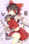  1girl armpits ascot black_hair bow breasts butterfly cowboy_shot detached_sleeves eyebrows eyebrows_visible_through_hair frilled_bow frilled_ribbon frilled_shirt_collar frilled_skirt frilled_sleeves frills gohei hair_bow hair_ribbon hair_tubes hakurei_reimu kohaku kohaku. long_hair looking_at_viewer medium_breasts midriff navel needle red_bow red_eyes red_shirt red_skirt ribbon ribbon-trimmed_sleeves ribbon_trim shirt sidelocks skirt solo touhou wide_sleeves 