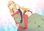  1girl :d black_gloves blonde_hair blue_eyes blush breasts carrying elbow_gloves fangs_out fingerless_gloves gloves hairband kneehighs long_hair mismatched_legwear necktie open_mouth orc petenshi_(dr._vermilion) piggyback pleated_skirt pointy_ears red_legwear shoulder_carry single_kneehigh single_thighhigh skirt smile thigh-highs topless tsurumaki_maki very_long_hair voiceroid 