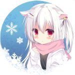  1girl :o animal_ears dan_ball dog dog_ears ears_down hood hoodie long_hair open_clothes open_hoodie original red_eyes scarf shirt side_ponytail snowflakes solo transparent_background white_hair 