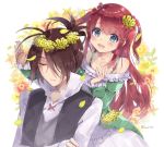  1boy 1girl antenna_hair blue_eyes brown_hair closed_eyes collarbone crossed_arms eyebrows eyebrows_visible_through_hair flower formal hair_flower hair_ornament hair_over_one_eye head_wreath highres kyou_hotaru long_hair open_mouth petals re:zero_kara_hajimeru_isekai_seikatsu redhead signature simple_background theresia_van_astrea two_side_up white_background wilhelm_(re:zero) yellow_flower 