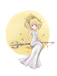  1girl blonde_hair blue_eyes dress final_fantasy final_fantasy_xv looking_at_viewer lunafreya_nox_fleuret polearm shouta_(shbz) solo trident weapon white_dress 