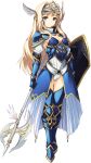  1girl armor armored_boots artist_request blonde_hair blue_eyes boots breastplate full_body gauntlets helmet highres holding holding_weapon kawata_hisashi kusugawa_sasara leotard long_hair looking_at_viewer polearm shield shoulder_armor solo standing thigh-highs to_heart_2 to_heart_2_dungeon_travelers transparent_background weapon 