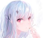  1girl bangs black_ribbon hair_between_eyes hair_ornament hair_ribbon highres holding_cigarette kisei2 long_hair looking_at_viewer original pale_skin parted_lips red_eyes ribbon shiny shiny_hair simple_background sketch solo white_background white_hair 
