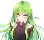  1girl artist_name c.c. code_geass green_hair hands_on_own_face long_hair looking_at_viewer mvv off_shoulder smile solo yellow_eyes 