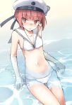  1girl beret bikini blush clothes_writing commentary_request fujii_jun hat kantai_collection looking_at_viewer navel parted_lips partially_submerged red_eyes redhead sailor_bikini sailor_collar short_hair solo swimsuit white_bikini white_hat z3_max_schultz_(kantai_collection) 