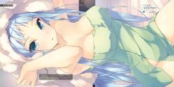  1girl amami_mikihiro arms_up blue_eyes blue_hair breasts cleavage green_towel groin highres kuusen_madoushi_kouhosei_no_kyoukan large_breasts long_hair looking_at_viewer naked_towel novel_illustration official_art shiny shiny_skin solo towel towel_on_head 