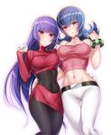  2girls akira_(natsumemo) arm_around_waist belt black_bodysuit breast_press breasts cleavage covered_navel dress dual_persona gluteal_fold long_hair looking_at_viewer midriff multiple_girls natsume_(pokemon) navel outline pants pantyhose pokemon pokemon_(game) pokemon_frlg pokemon_hgss purple_hair simple_background smile thigh_gap tight tight_dress tight_pants very_long_hair 