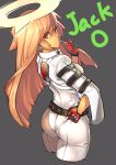  1girl absurdres adjusting_clothes ass belt candy character_name food from_behind gloves guilty_gear guilty_gear_xrd halo highres jack-o_(guilty_gear) jacket leotard lollipop looking_at_viewer looking_back mouth_hold orange_hair pants red_eyes solo unizama white_pants 