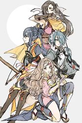  4girls armor armpits arrow black_hair blue_eyes blue_hair bow_(weapon) braid breastplate breasts brown_hair fire_emblem fire_emblem_if hair_over_one_eye headband holding holding_weapon kagerou_(fire_emblem_if) kazahana_(fire_emblem_if) multiple_girls oboro_(fire_emblem_if) open_mouth orochi_(fire_emblem_if) ponytail profile setsuna_(fire_emblem_if) sheath sheathed shuriken side_braid sword ustes_asa wavy_hair weapon 