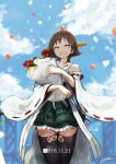  1girl artist_name balloon boots bouquet brown_hair closed_eyes commentary_request confetti dated day detached_sleeves flower frilled_skirt frills grin hiei_(kantai_collection) kantai_collection lansane nontraditional_miko ribbon-trimmed_sleeves ribbon_trim short_hair signature skirt sky smile solo thigh-highs thigh_boots wide_sleeves 