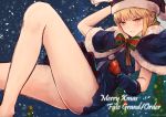  1girl black_gloves capelet christmas fate/grand_order fate/stay_night fate_(series) gloves hat looking_at_viewer saber saber_alter sack santa_alter santa_hat snowing solo yellow_eyes yukihama 