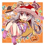  3girls :d ahoge animal_hood black_hat bow braid brown_hair candy candy_wrapper chibi crescent eyepatch fang food fur_trim ghost ghost_hair_ornament grey_eyes grey_hair hair_between_eyes hair_bow hair_ribbon halloween hat hayasaka_mirei heart_eyepatch hood hoshi_shouko idolmaster idolmaster_cinderella_girls jack-o&#039;-lantern knees_up lollipop long_hair looking_at_viewer morikubo_nono multiple_girls mushroom mushroom_hat naga_u on_head open_mouth orange_background pink_bow pink_legwear pleated_skirt polka_dot polka_dot_legwear purple_shirt red_hat ribbon shirt short_hair side_braid single_braid skirt smile socks star swirl_lollipop tress_ribbon very_long_hair white_skirt witch_hat yellow_cape 